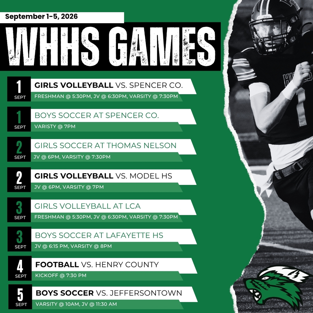 WHHS Game Week Schedule from September 1-September 5.