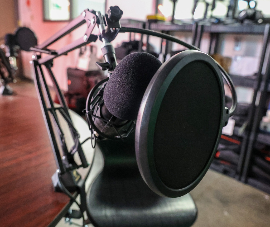 Podcast setup with microphone.