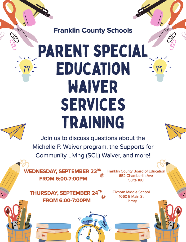 Parent Special Education Waiver Services Training flyer. Events are next week on September 23rd from 6-7PM at Central Office and September 24th from 6-7PM in the Elkhorn Middle School Library.
