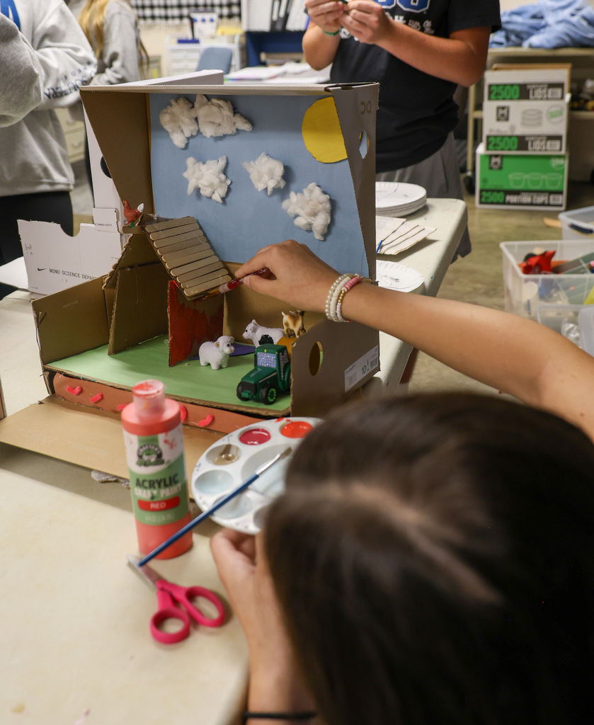 BMS student works on shoe box project.
