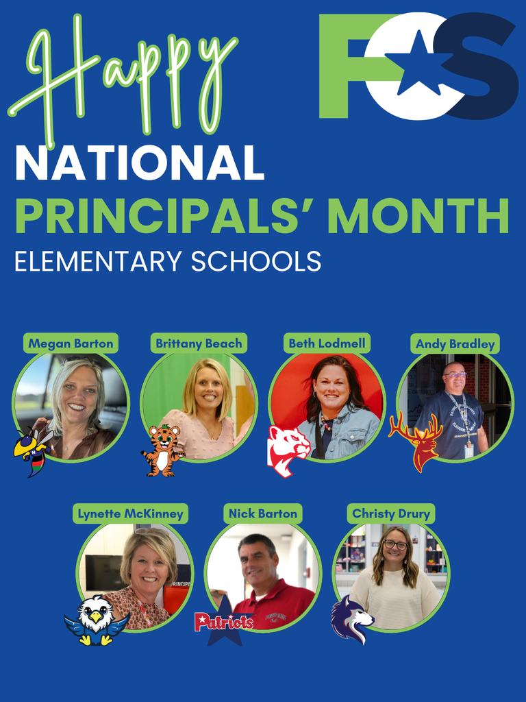 Graphic that says "Happy National Principals' Month" and the word "Elementary Schools" below to specify that it's elementary school principals. Each principal's headshot is included with their school's logo and their name. The FCS logo is in the top right. The graphic is a blue background.