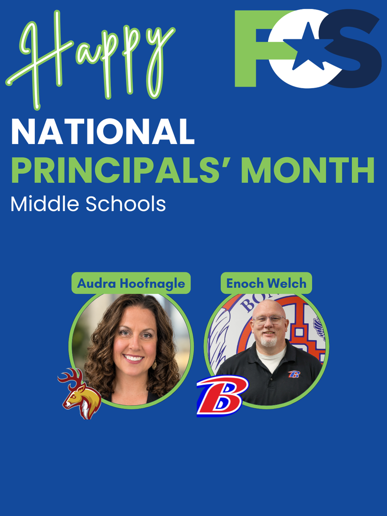 Graphic that says "Happy National Principals' Month" and the word "Middle Schools" below to specify that it's middle school principals. Each principal's headshot is included with their school's logo and their name. The FCS logo is in the top right. The graphic is a blue background.