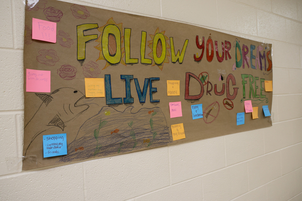 "Follow your Dream, Live Drug Free" poster hangs in the hallway. Students added sticky notes to the banner that state their "natural high"