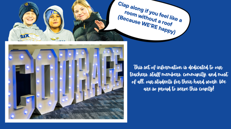 promotional graphic with courage. "This set of information is dedicated to our  teachers, staff members, community, and most of all, our students for their hard work. We are so proud to serve this county!"