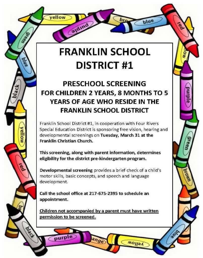 A reminder that Preschool screenings will be held on Tuesday March 31, 2026. Call the school office at 217-675-2395 to schedule an appointment.