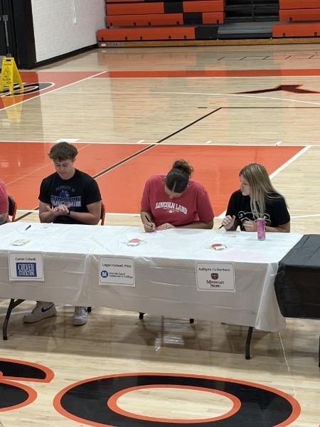 Pictures of students at senior signing day.