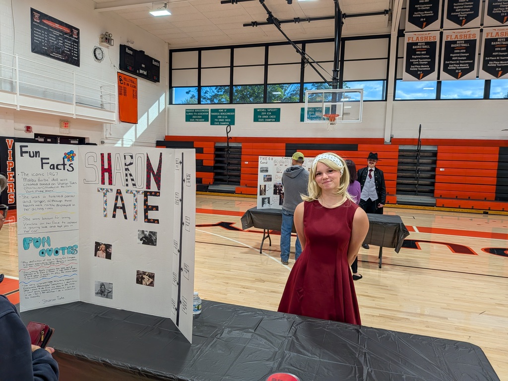 Wax museum exhibits provided by the 8th grade class. Multiple pictures taken at the event.