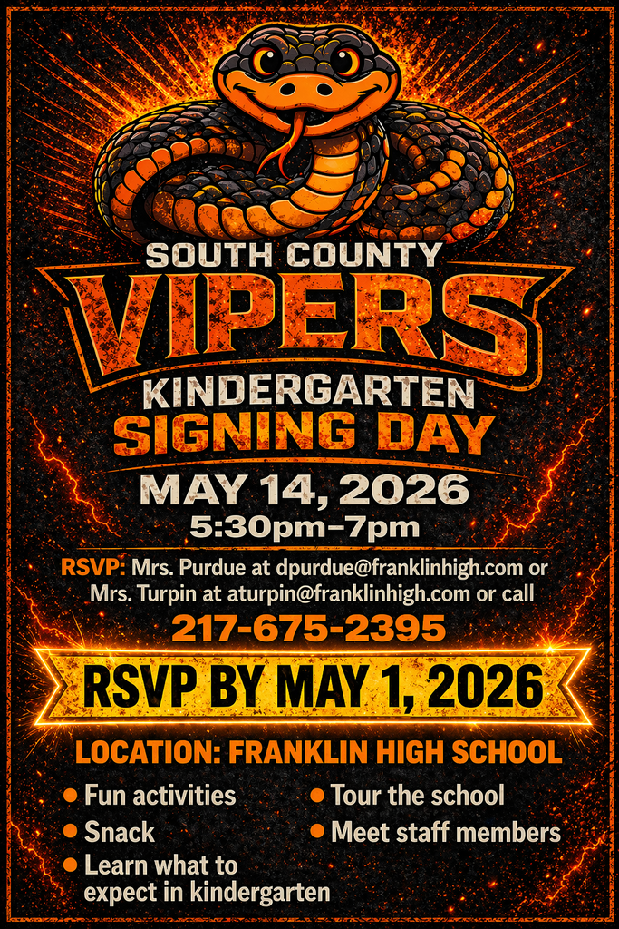 Kindergarten preview night. May 14, 2026. RSVP by May 1st by contacting aturpin@franklinhigh.com. Location: Franklin high school. Fun activities, snacks, tour the school, meet the staff and lear what to expect in kindergarten.