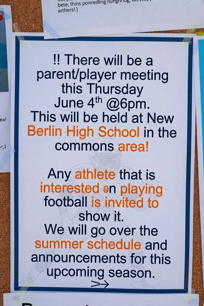 Parent player meeting at Newberlin High school June 4th @ 6 pm