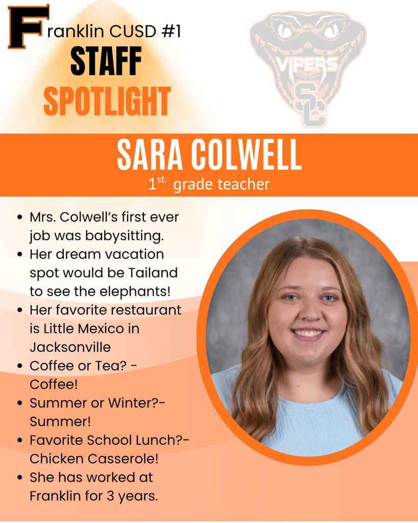 Mrs. Colwell’s first ever job was babysitting. Her dream vacation spot would be Tailand to see the elephants! Her favorite restaurant is Little Mexico in Jacksonville Coffee or Tea? -       Coffee! Summer or Winter?- Summer! Favorite School Lunch?- Chicken Casserole! She has worked at Franklin for 3 years.