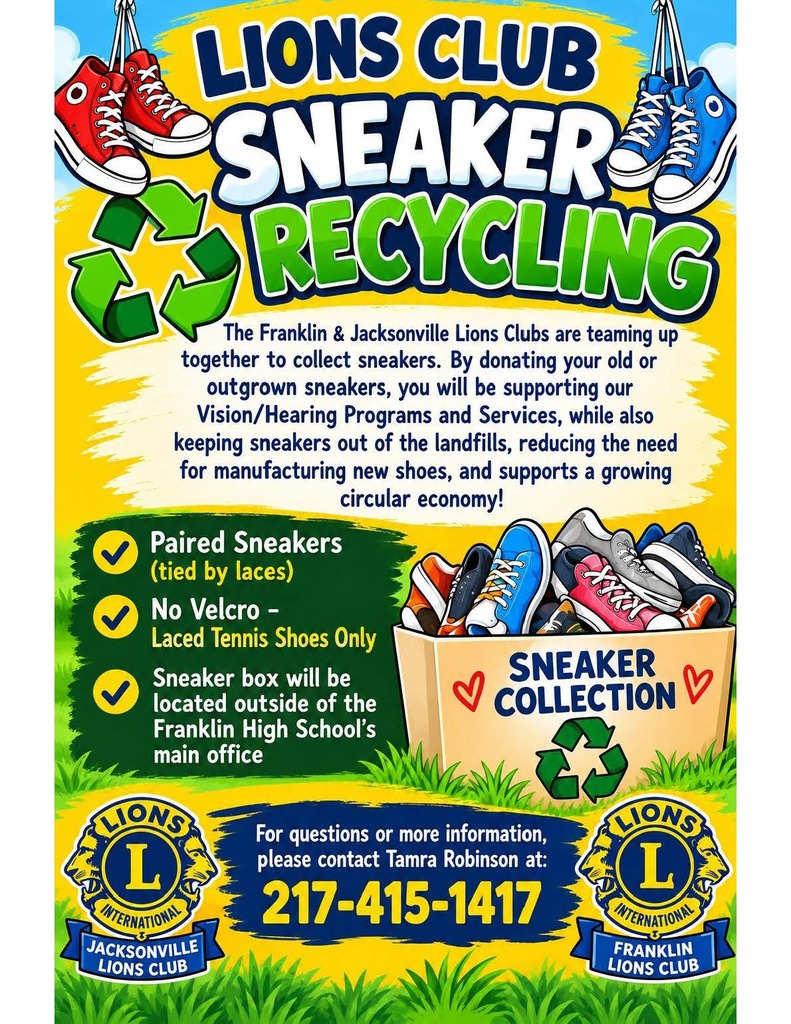This flyer is asking to donate old sneakers for recycling. Contact 217-415-1417 for more details.