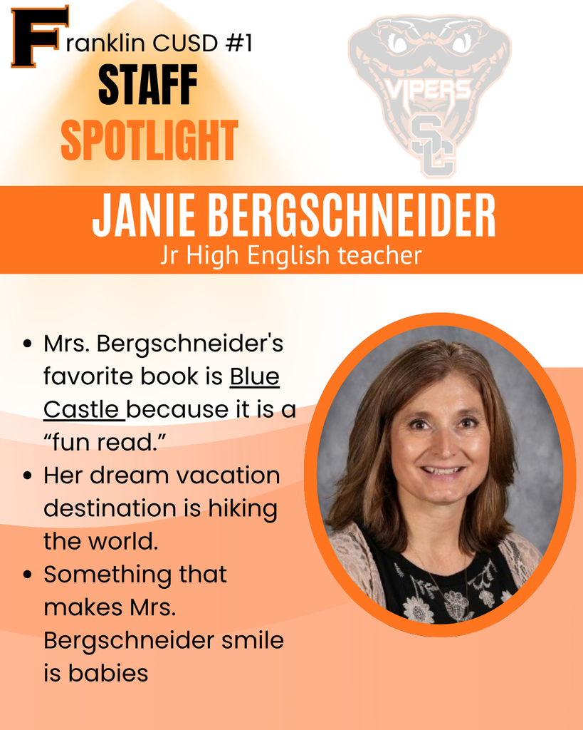Mrs. Bergschneider's favorite book is Blue Castle because it is a “fun read.” Her dream vacation destination is hiking the world. Something that makes Mrs. Bergschneider smile is babies