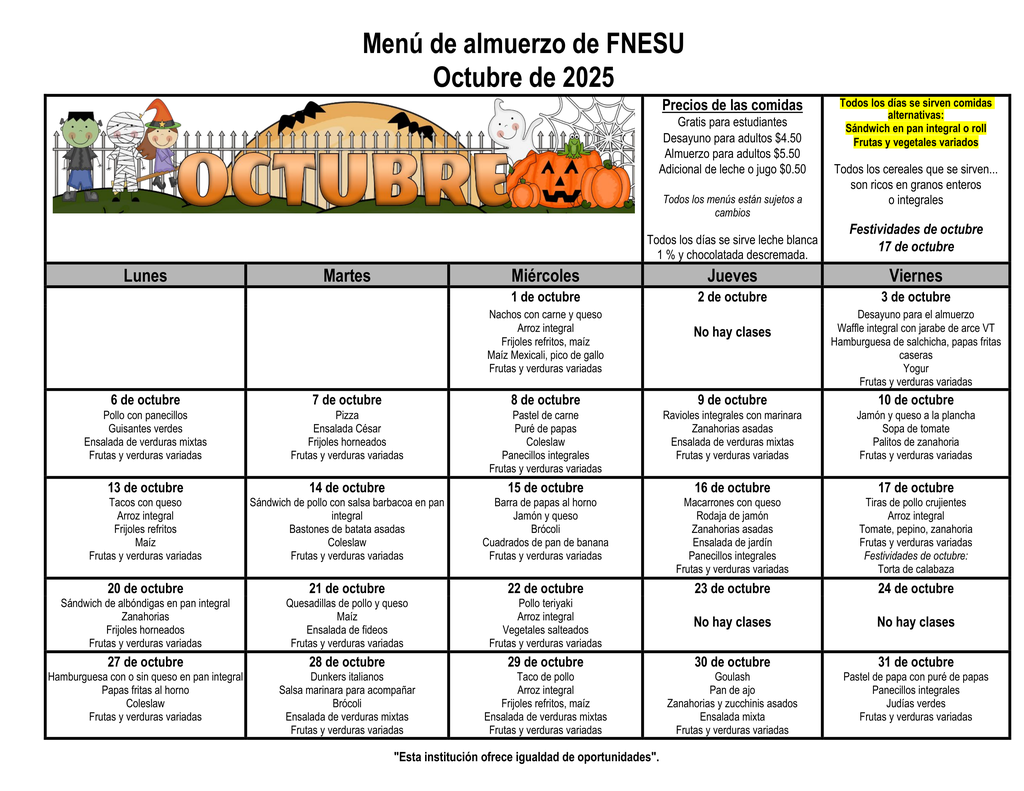 October lunch menu in Spanish
