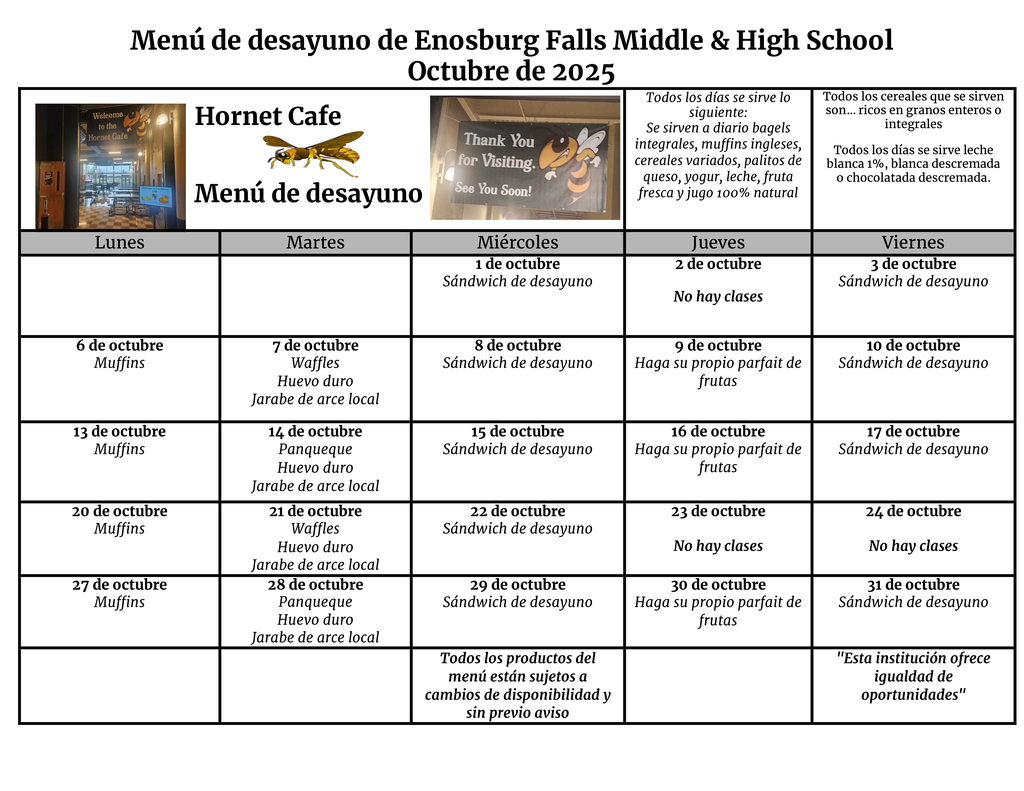 October Breakfast menu in Spanish