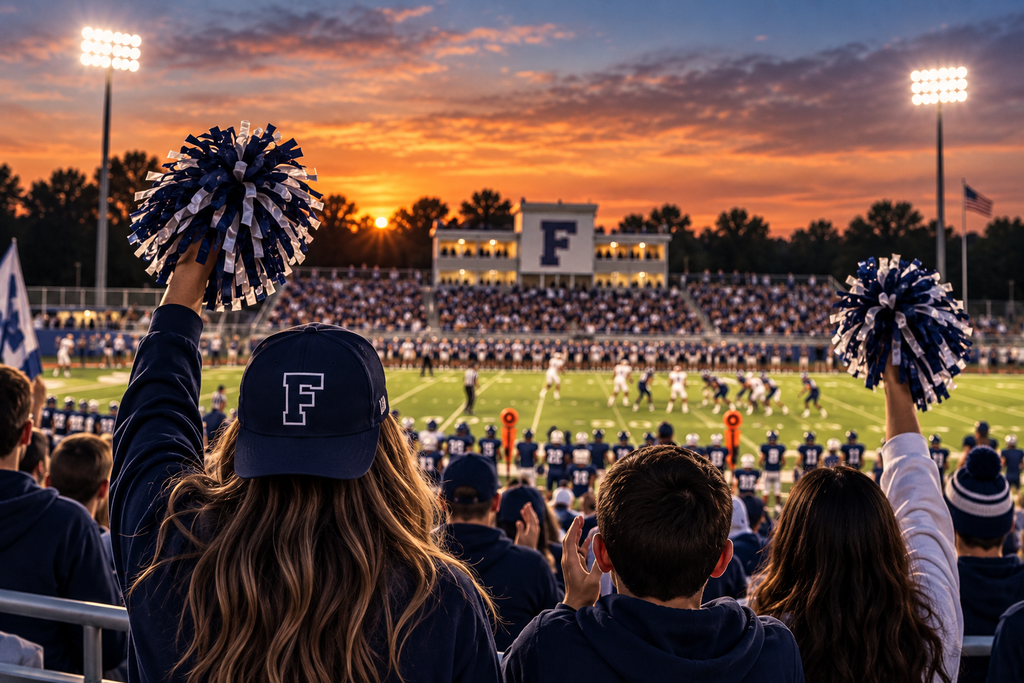 Fans standing in the stands cheering on a football team at sunset