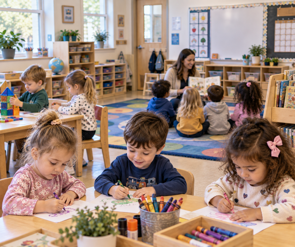 Children in a classroom coloring at a table