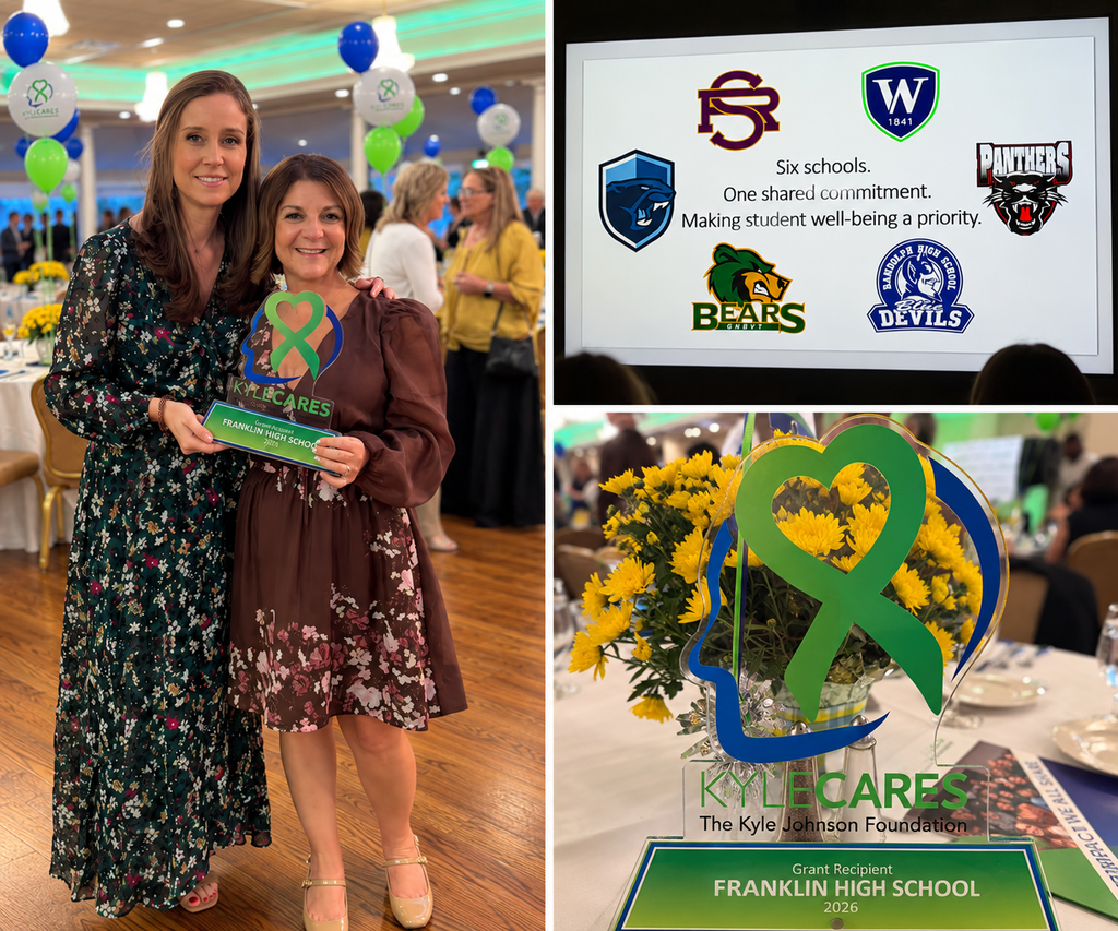 Two women holding an award in a brightly lit room, 6 school logos against a white background with words, a Kylecares Award sits on a table.
