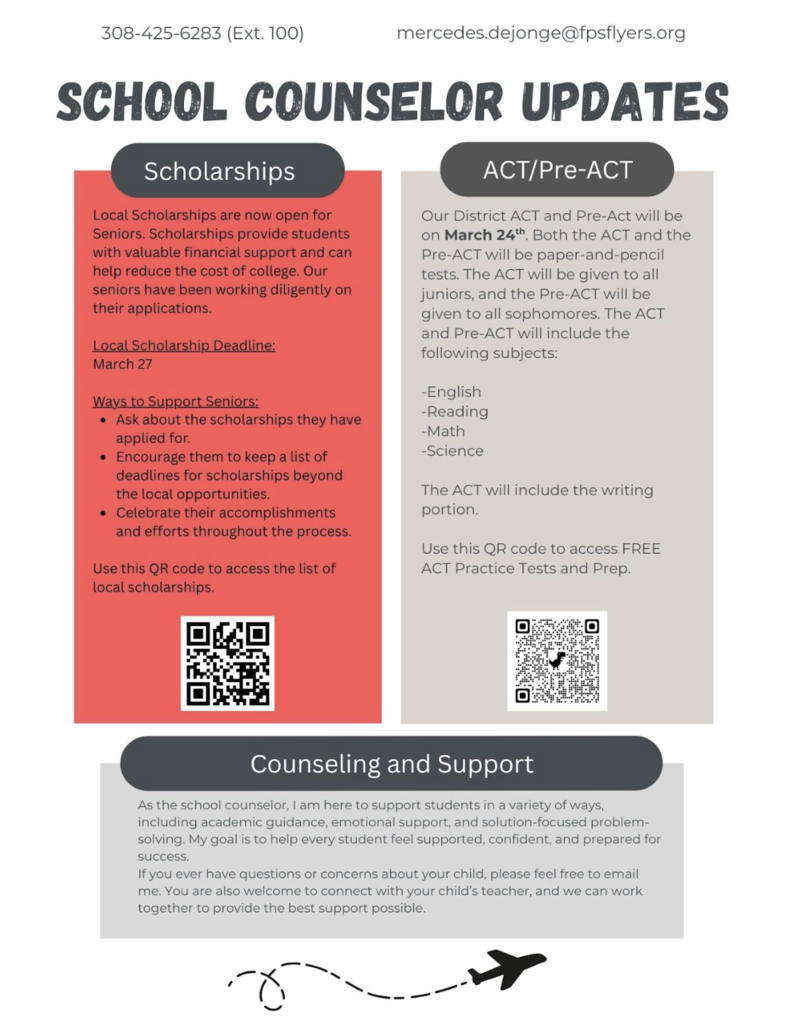 School Counselors Update regarding Scholarship deadline and ACT Info
