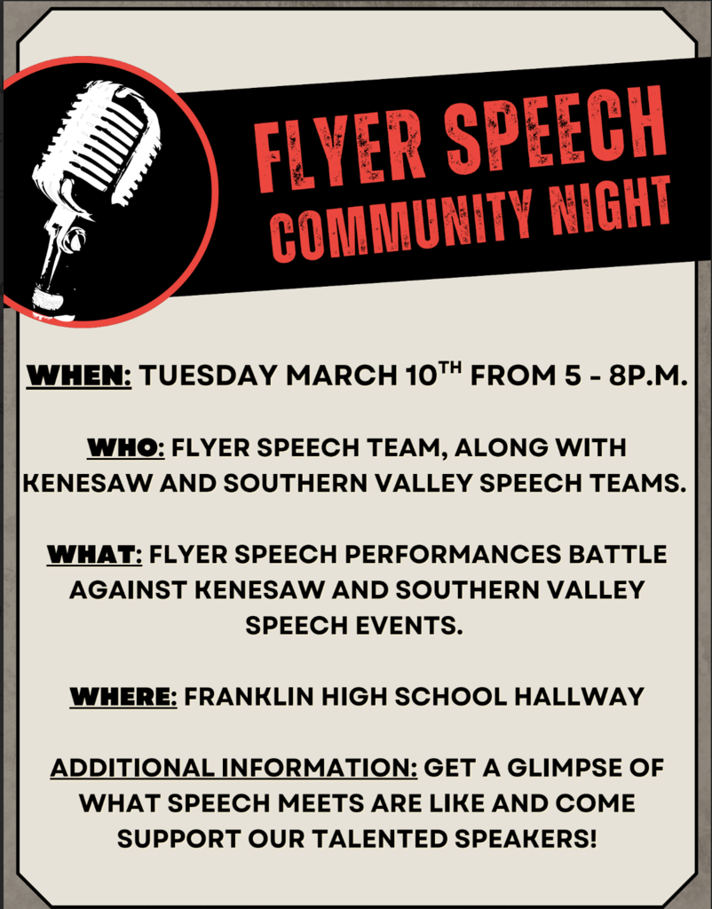 Flyer Community Speech Night.  Tuesday, March 10th, 5:00pm - 8:00pm. 