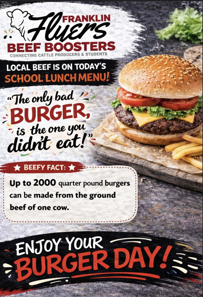 Flyer Beef Booster Poster promoting grilled hamburgers for lunch.
