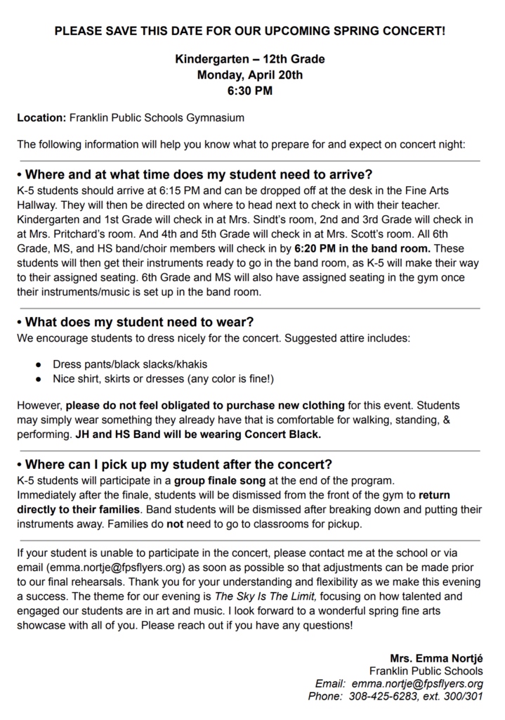 Letter informing parents about our Spring Music Concert on Monday, April 20, 2026.