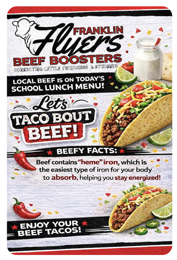 Poster for FPS lunch Taco bout beef, promoting our Franklin Beef Program. Local fresh beef in schools.