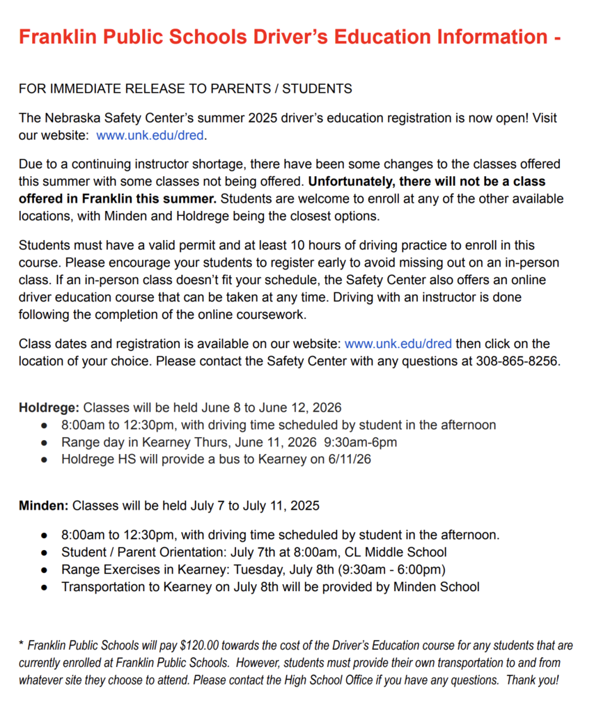 Informational letter regarding drivers ed classes.   No classes held in Franklin this year.  