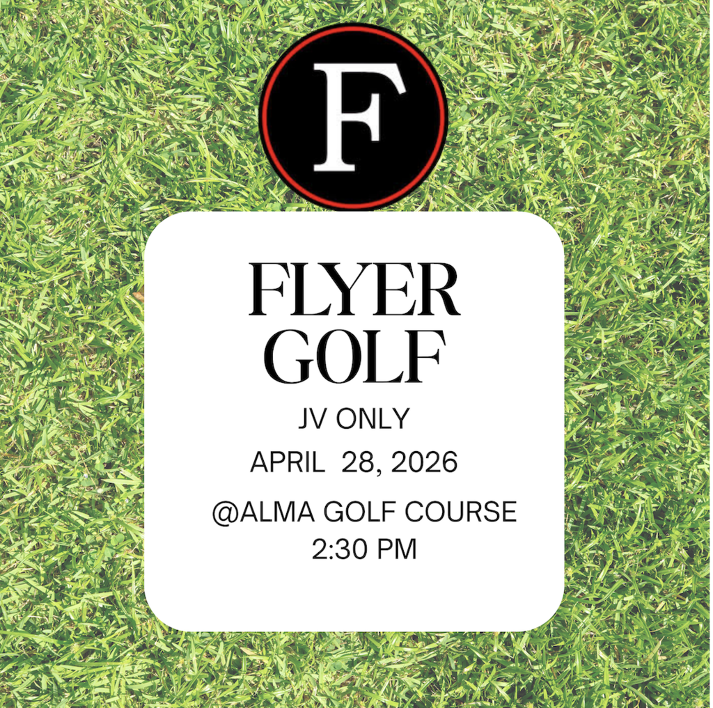 Graphic for JV Flyer Golf at Alma Golf Course on April 28, 2026. The meet starts at 2:30PM.
