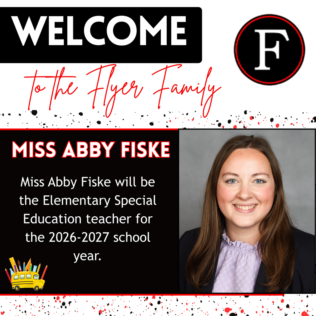 A graphic for new teacher, Miss Abby  Fiske, who will be the Elementary Special Education teacher for the 2026-2027 school year. Abby  is pictured smiling at the camera.. 