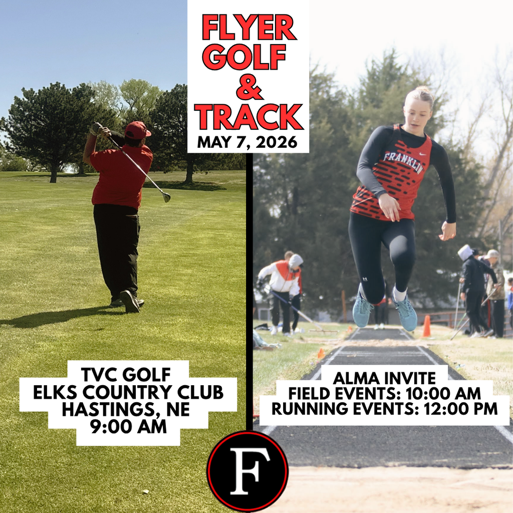 Graphic for TVC Golf tomorrow (May 7th, 2026) at Elks Country Club in Hastings, NE beginning @ 9am. Pictured is Cole Jackson swinging a club. Also a  picture for Track at alma  (May 7th, 2026)  beginning at 10am (field events) and running events at 12:00pm. Pictured is Olivia Haack long jumping.