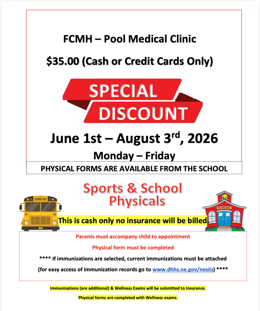 School Physical Flyer sent by FCMH Pool Medical Clinic advertising a discount for school physicals
