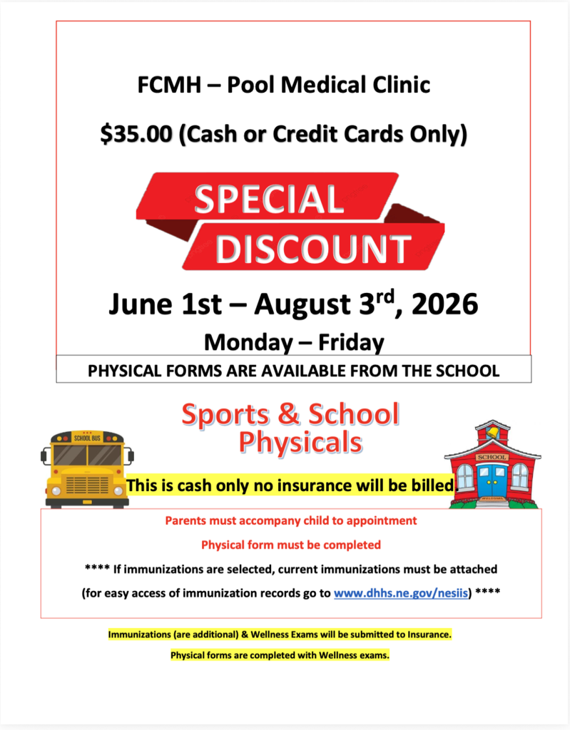 Advertisement for FCMH Pool Medical Clinic Sports and School Physical Special