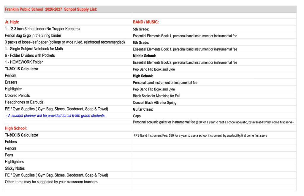 2026-2027 School Supply List for JH / HS