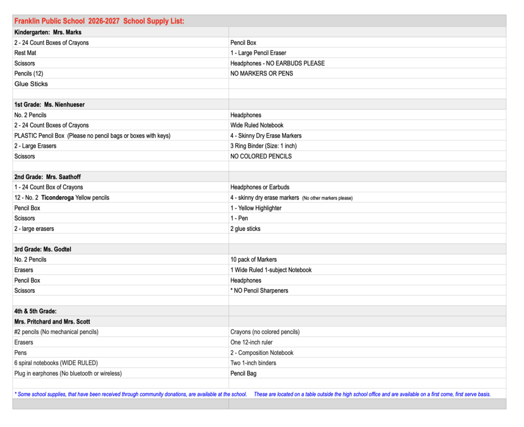2026-2027 School Supply List for Elementary