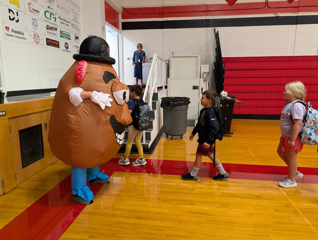 Mr Potato Head greets students during Morning Announcements. 