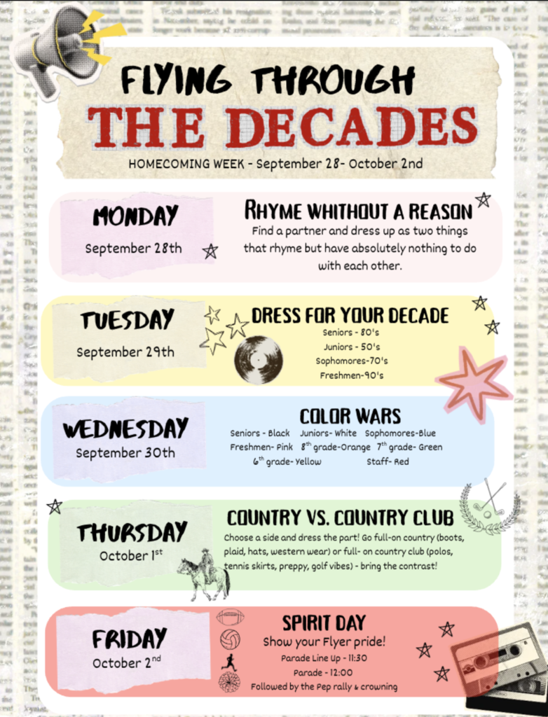 Flyer about MS / HS Homecoming Dress up Days