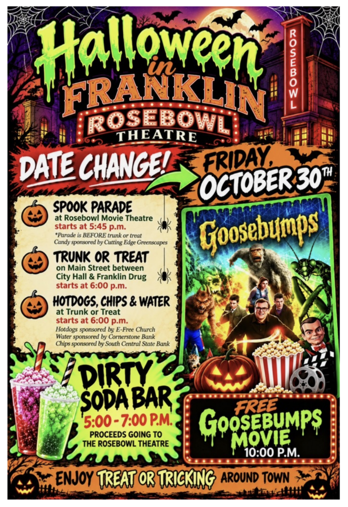 Poster about Halloween activities going on in Franklin on Friday, October 30th