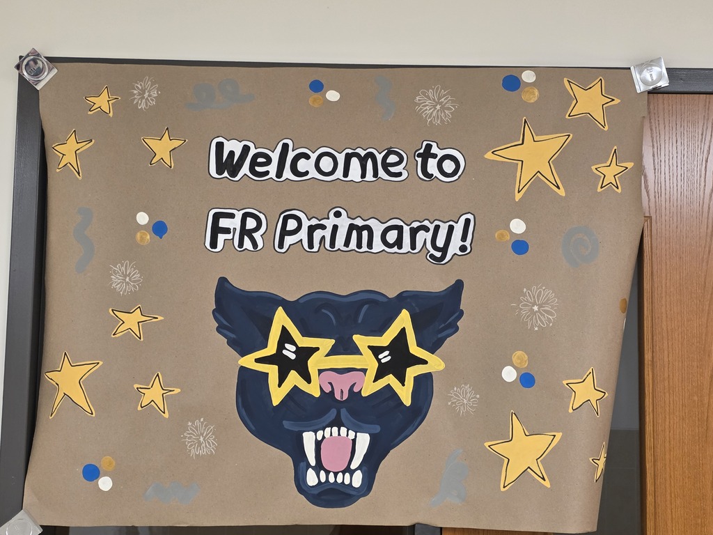 Brown banner displays "Welcome to FR Primary!" with a black panther face, yellow stars, and a snowy background.