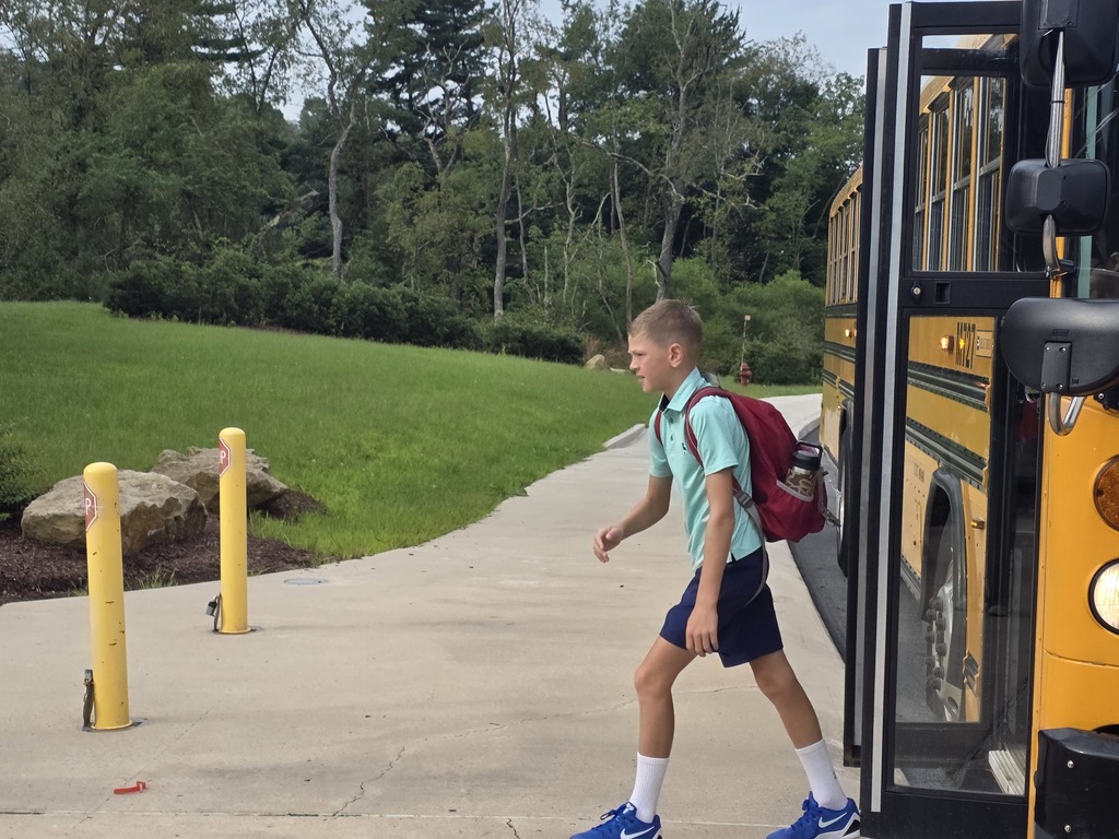 Boy with backpack walks from sidewalk to open door of yellow school bus on sunny day.
