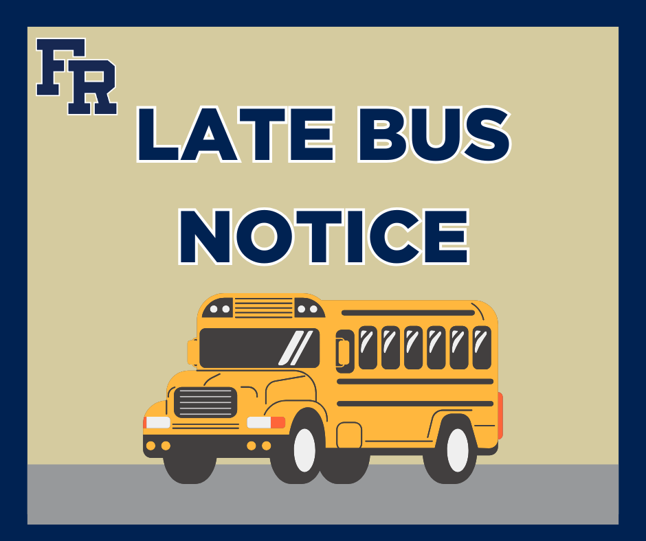 A school bus illustration on a tan background with "Late Bus Notice" above it. The bus is yellow with a blue border.