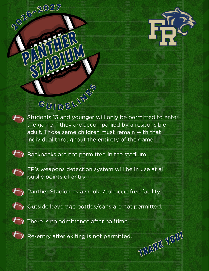 A green-themed page shows guidelines for Panther Stadium with a football image, rules on age, items, and admission.
