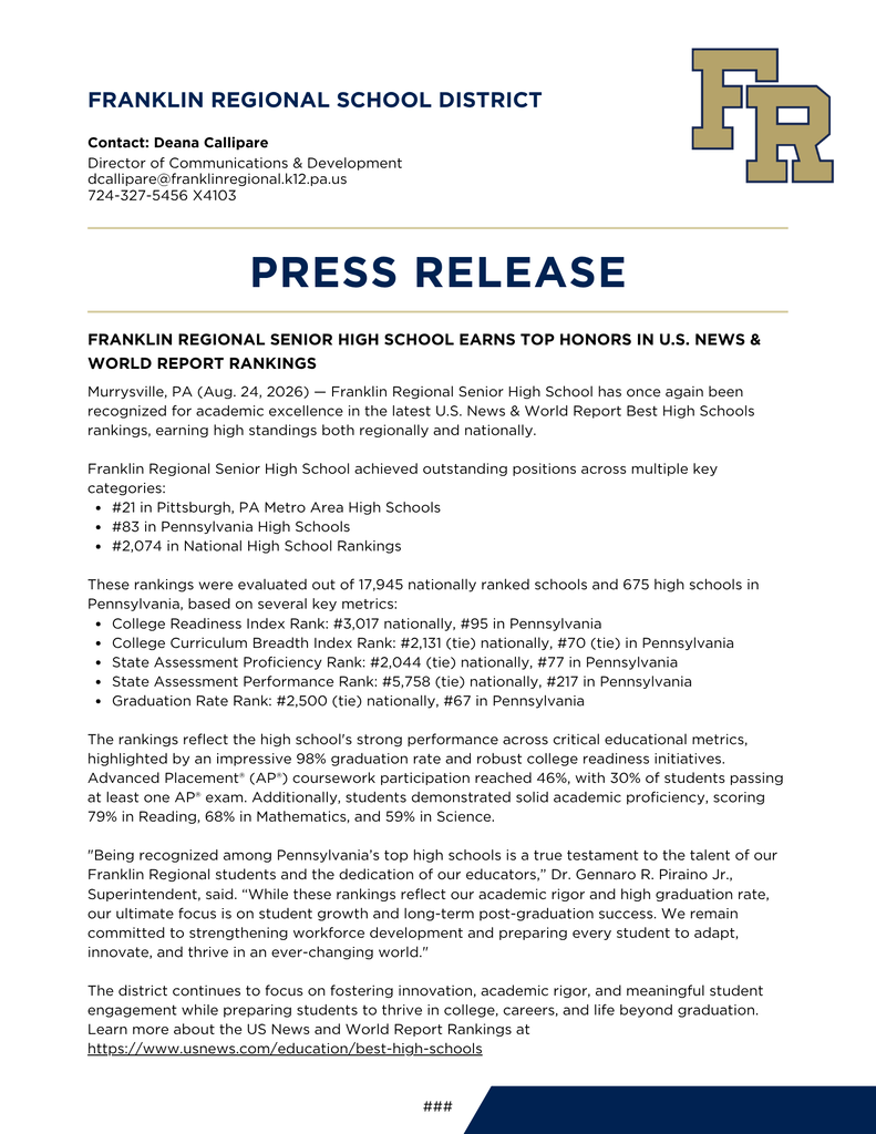 A press release from Franklin Regional School District highlights Franklin Regional Senior High School's top honors in US News & World Report rankings.