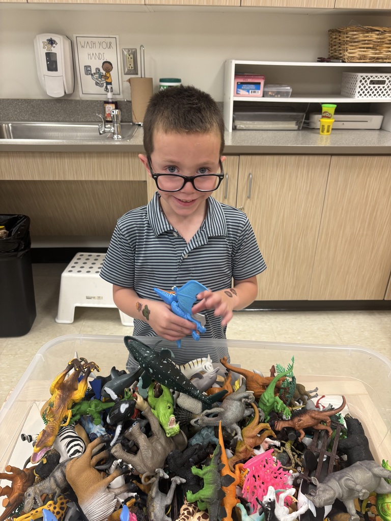 A child in glasses and a blue shirt stands in a room with wooden cabinets. They hold a blue dinosaur toy among many others.