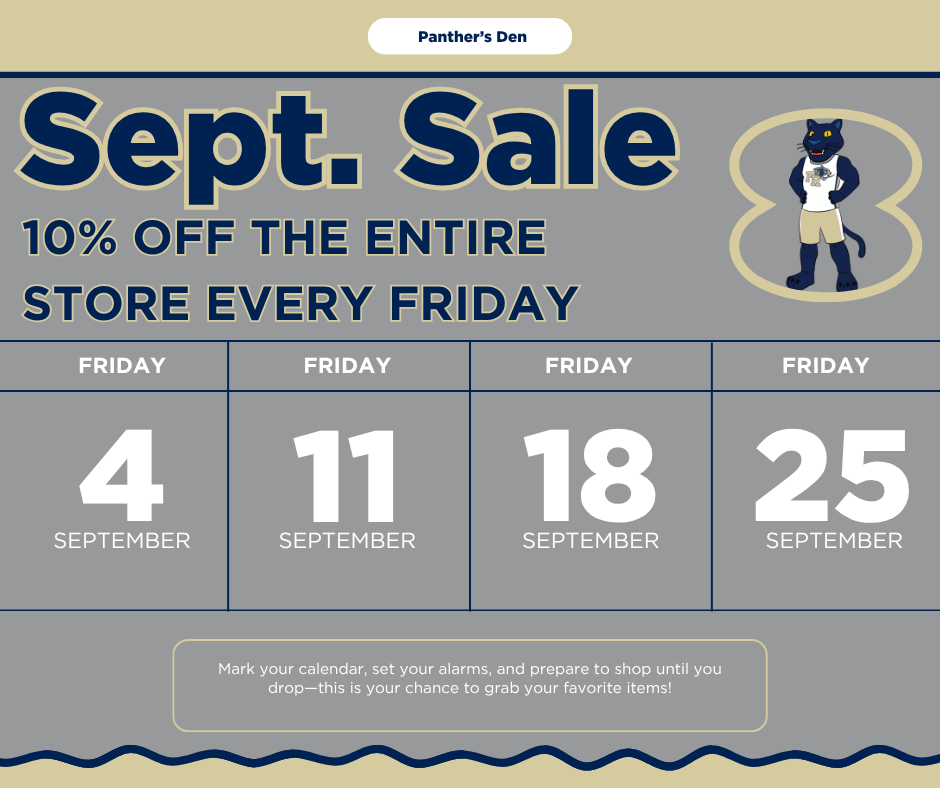 A sale advertisement with a black cat logo. It reads "Sept. Sale 10% OFF THE ENTIRE STORE EVERY FRIDAY".