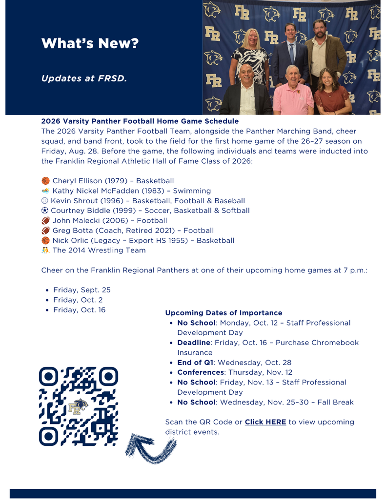 Flyer shows upcoming varsity football games, a group of people at an event, and a QR code.