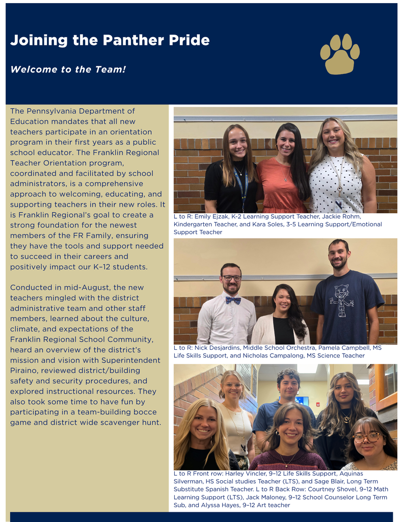 A collage of new educators, some in white shirts, others in casual attire, smiling. Text reads "Joining the Panther Pride" and "Welcome to the Team!"