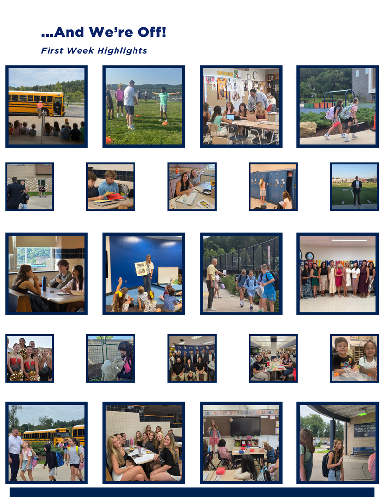 A grid of 16 photos captures various activities from a first week, including classrooms, outdoor play, and walking.