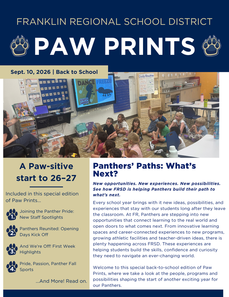 A flyer shows a classroom with students seated around tables. It features text about Paw Prints, a Franklin Regional School District event.