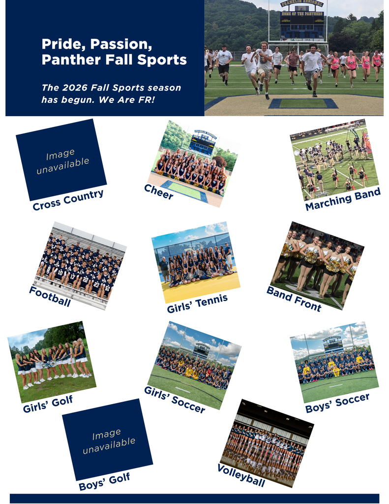 A collage of sports teams from the 2026 Fall Sports season includes cross-country, cheer, marching band, football, girls' tennis, girls' golf, etc.