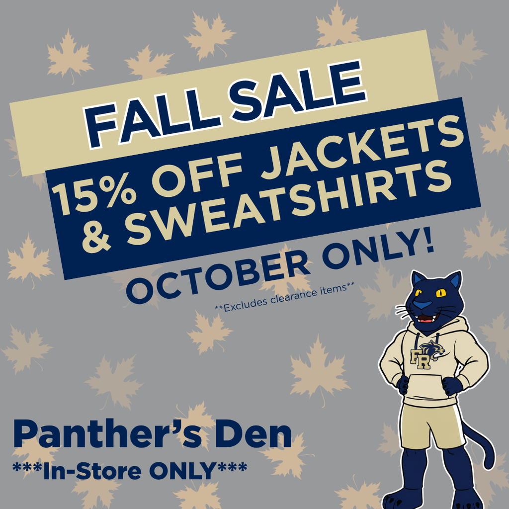 A sale advertisement for Panther's Den in October. It shows a black cat mascot wearing a hoodie. 15% off jackets and sweatshirts.